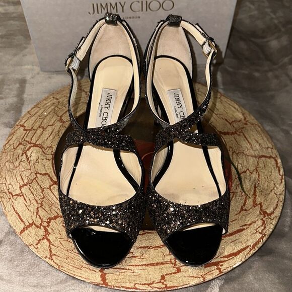 Jimmy Choo 11/41 Emily 85 Bronze Mix Midnight Coarse Glitter Heels Sandals - Picture 7 of 17